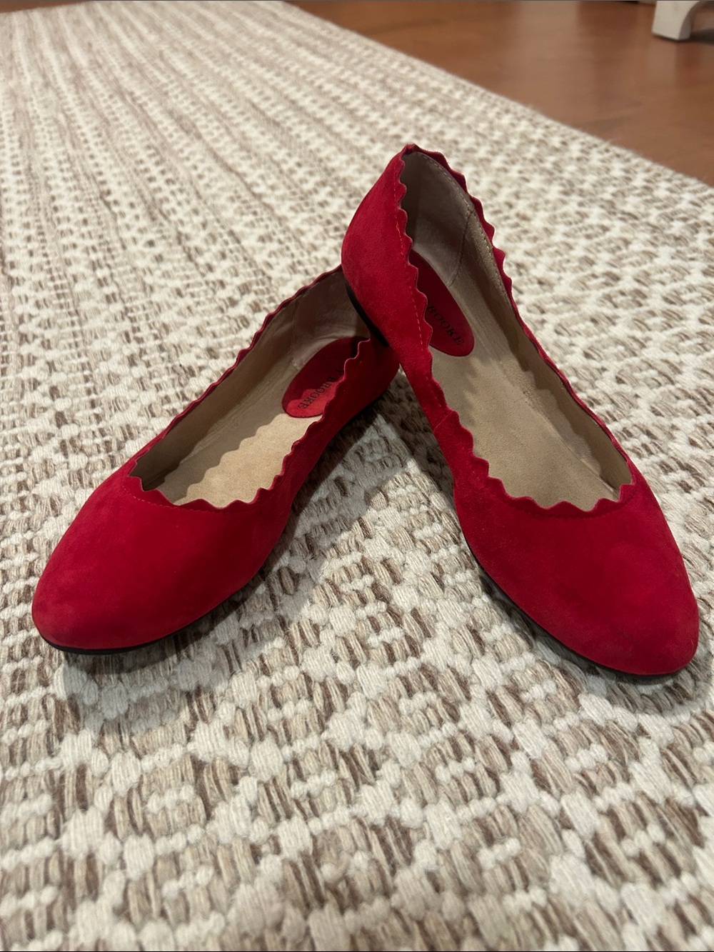 Audrey Brooke Red Scalloped Suede ballet style flat Gently worn 7 1/2